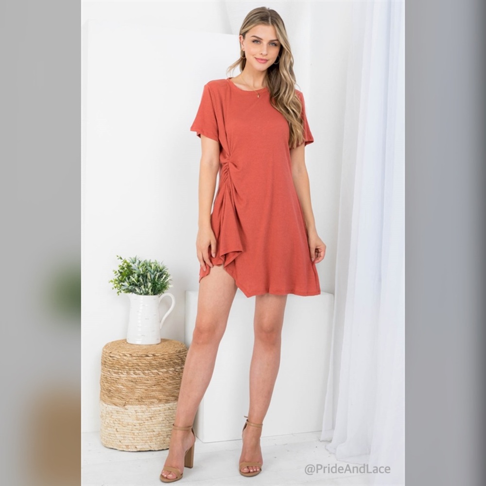 LAST 3️⃣ RUST CREW NECKLINE WITH RIGHT SIDE RUCHED DRESS